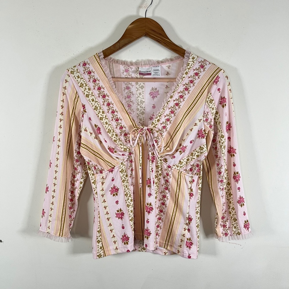 Y2K No Boundaries Floral Tie Front Fitted Top Pink 3/4 Sleeves Coquette Boho